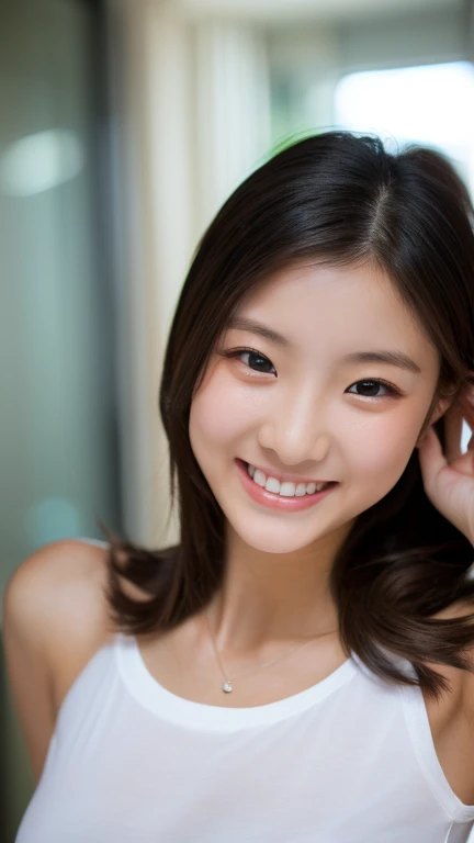 Asian woman looking at camera in coffee shop and smiling Close-up, masterpiece, Highest quality, Raw photo, Photorealistic, Laughter, Beautiful girls, cute, Hair length, Depth of written boundary, High resolution, 超detailedな, detailed, extremely detailedd eye and face, Sharp pupils, Realistic students, Sharp focus, Cinema Lighting