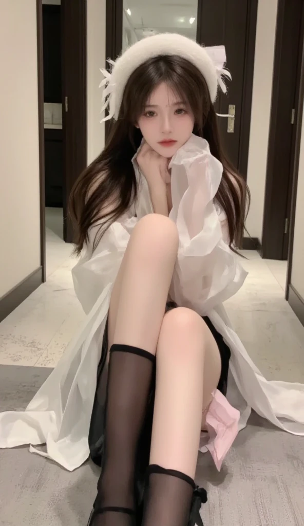 There was a woman, Arakfi, sitting on a bean bag,,Take a selfie with your phone in the mirror,Holding a teddy bear in his hand, anime barbie in white stockings, White Cat Girl, Full length and white stockings, Anime girl in real life, very beautiful cute catgirl, kerli koiv as anime girl, Anime girl cosplay, Wearing white tights, sitting in her room, sitting on her bed, White tights, White stockings
