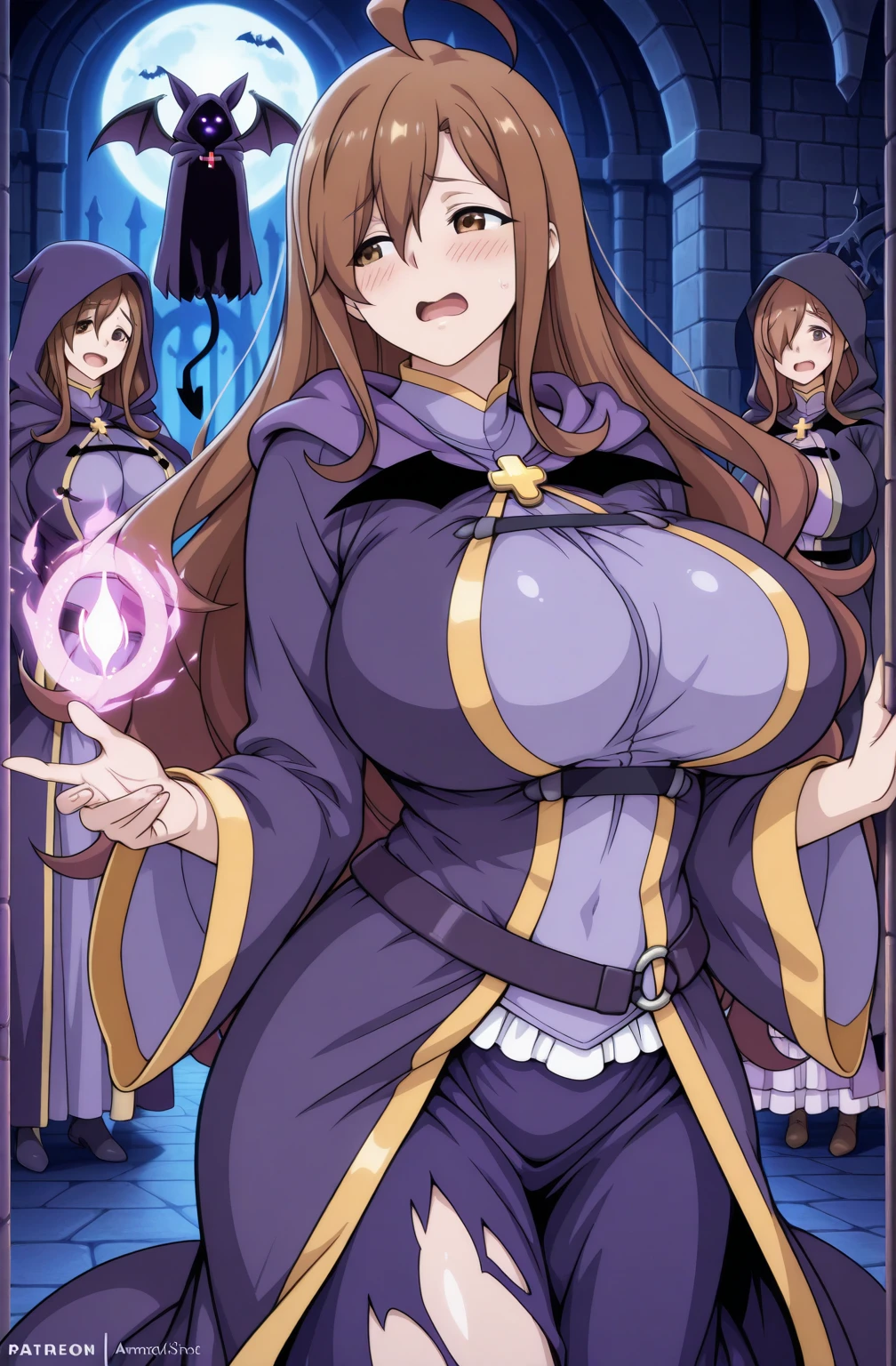 masterpiece, super fine illustration, best quality, light particles, ultra-detailed, 8K, (bright colors:1.2),[official art],[[anime styled]],[[digitalart]],siggy, nun, 20yo,young female, brown long hair, bangs, green eyes, purple cape on her head, purple outfit, cleavage cutout, cleavage, puffy sleeves, jewelry, necklace,mbarrassed,(bare breasts,elect nipples),(skirt lift,upskirt),(black lace panties), break background church