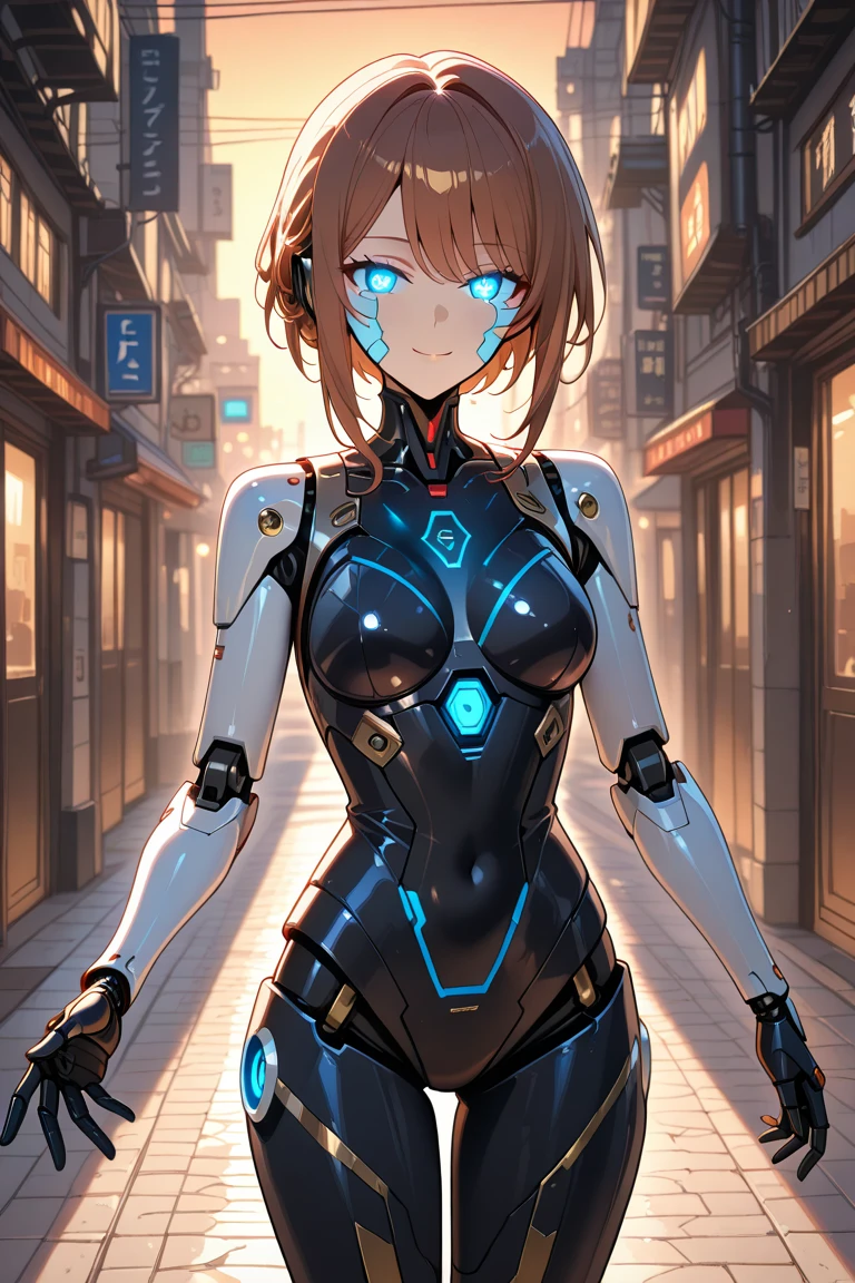 With a confident stance, the cyborg woman surveys her surroundings. Her piercing blue eyes scan the horizon, taking in every detail of the post-apocalyptic landscape. Her brown hair is pulled back into a ponytail, revealing the intricate circuitry and metal plating that covers her body. Despite her robotic enhancements, her medium-sized breasts are still visible, a reminder of her humanity. She wears a sleek bodysuit, a perfect blend of form and function, as she prepares for battle against the unknown.