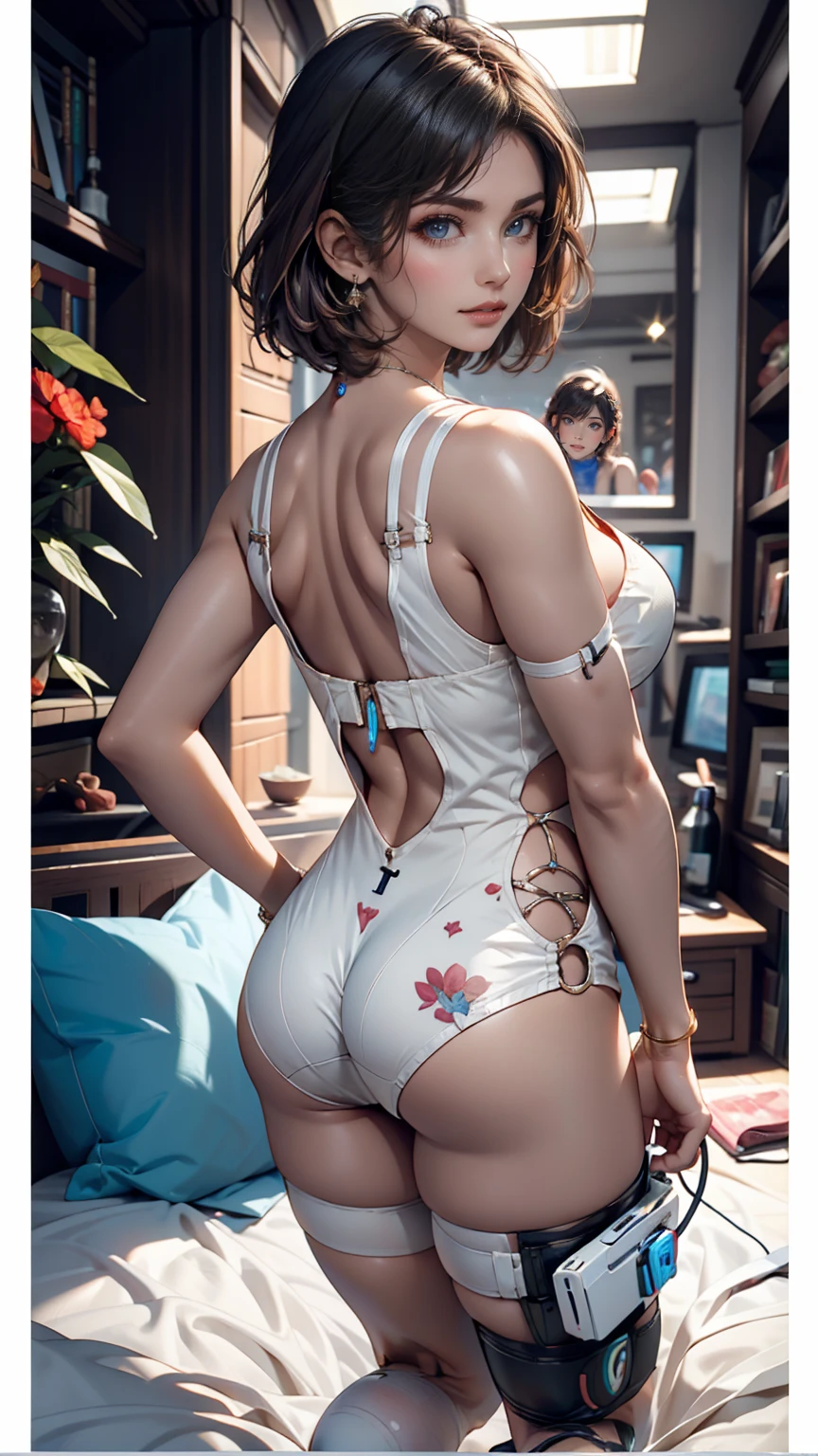 nighttime,full body,KOF:Mai Shiranui ,(((Wearing White wedding dress ))), Jewelry ,Elegant sitting posture,Masterpiece,best quality,official art,extremely detailed 3DCG unity 8k, ( ##tattoo ##,tattoo, ~+ tattoo),(Perfect female curves, huge stacked breast),(A seductive gaze), Facing the camera, Pink lips,Delicate fingers and hands,magic hour, Rembrandt lighting, front lighting and fill lighting, hard shadow, Arnold render,