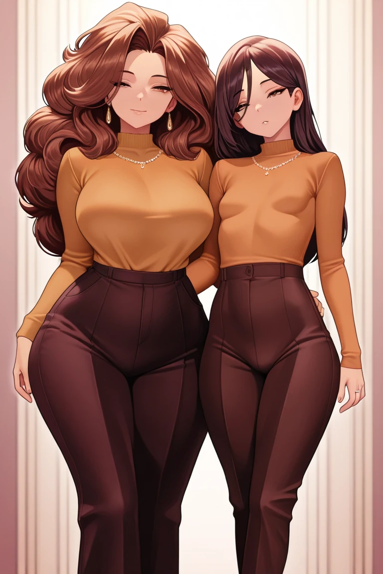 masterpiece, best quality, highres, aaandro, black g-string, brown hair, long hair, curly hair, hoop earrings, wearing a white tshirt, long sleeves, black pencil skirt, black pantyhose, dragon ball, indoors, room, standing, cowboy shot, smile, big window in the background,