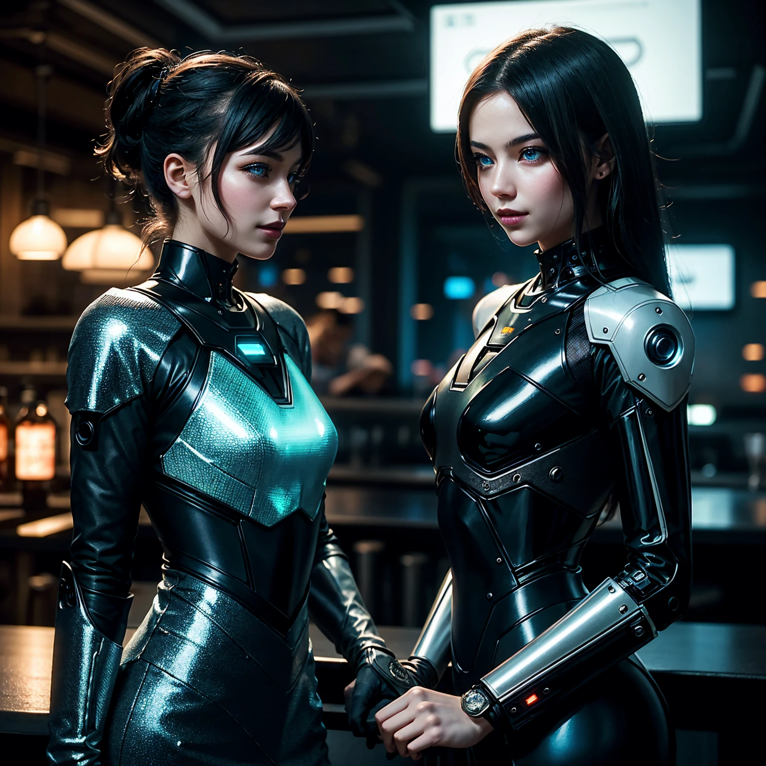 (8k, RAW photo, best quality, masterpiece:1.2), (realistic, photo-realistic:1.37),(Kpop idol), (aegyo sal:1),cute,professional lighting, photon mapping, radiosity, physically-based rendering, cosplay, lucy \(cyberpunk\),bob cut,mechanical parts,grey eyes, black tight suit,cyberpunk city, black pants,night,neon lights,sexy,smoke, looking at viewer,, 8k high resolution, 8k, CG wallpaper, realistic, clear background, medium breasts, full body, smiling face