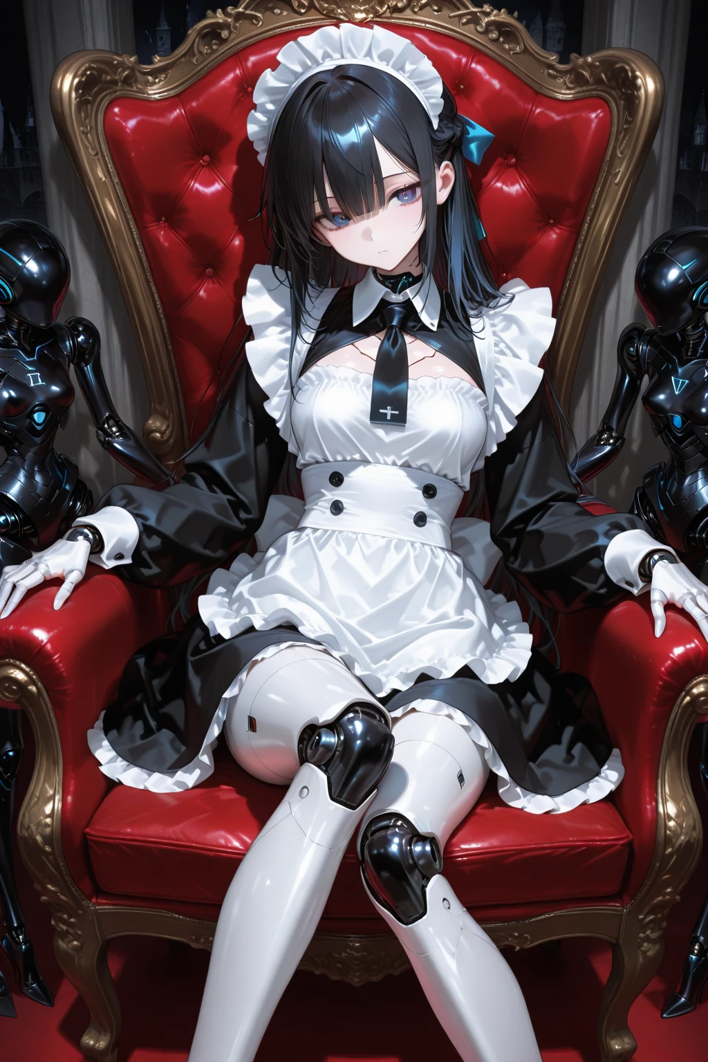 Maid、Android、Eyes like machines、mechanical joints、Sitting on the throne、I'm going home、Castle、bright places、chair with your neck slanted、Tilt your head slightly、dull face、胸元が大きく開いたMaid服、白黒のMaid服、Old clothes、Fair skin、younger、half up、dark haired、two-tone、Slender body、thin legs
