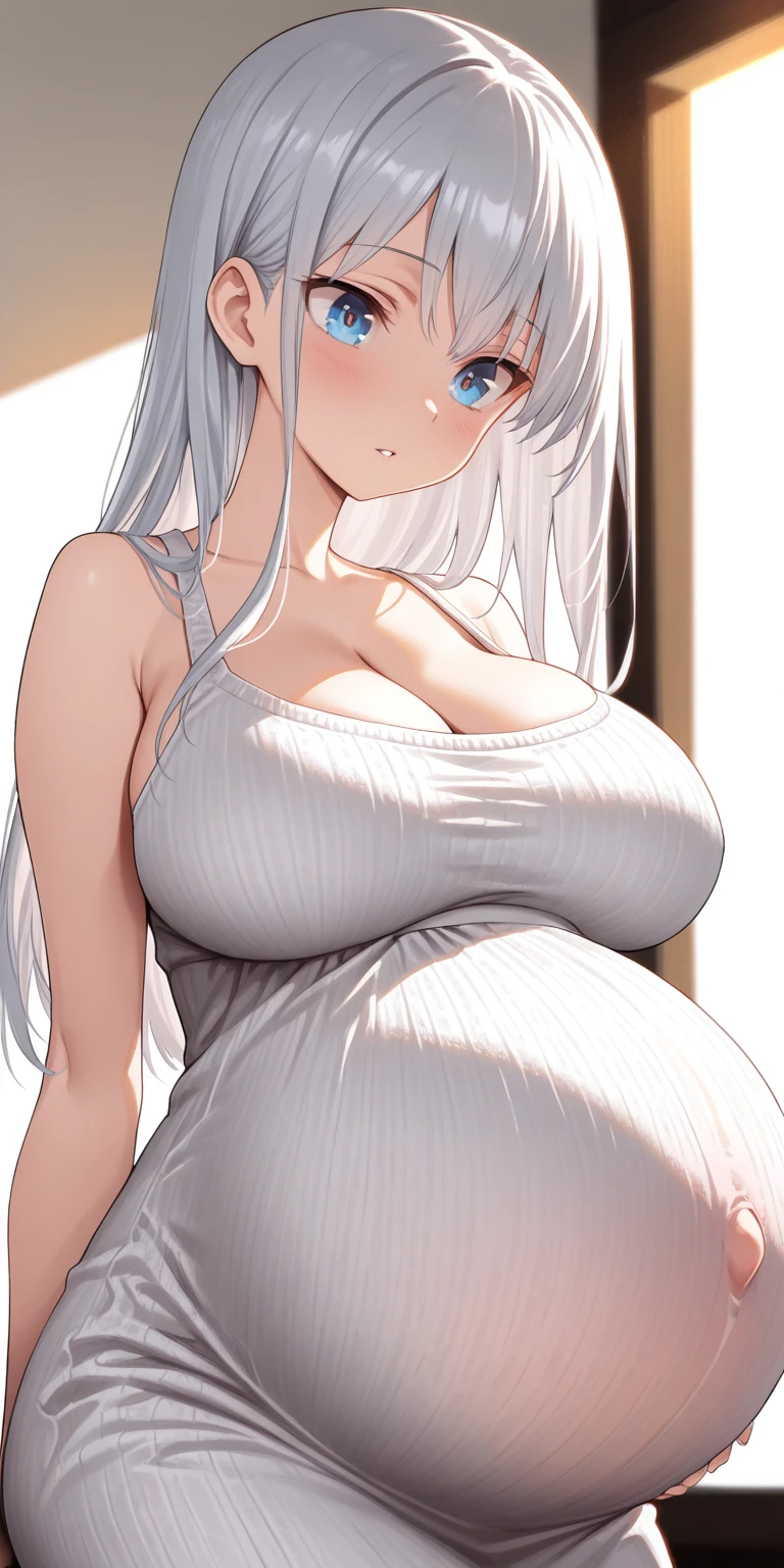 (masterpiece, best quality:1.2), 1 girl, cute,White hair,Red Eyes,Messy hair,Hair is dull,White legs,Huge Breasts:1.8,Pregnant