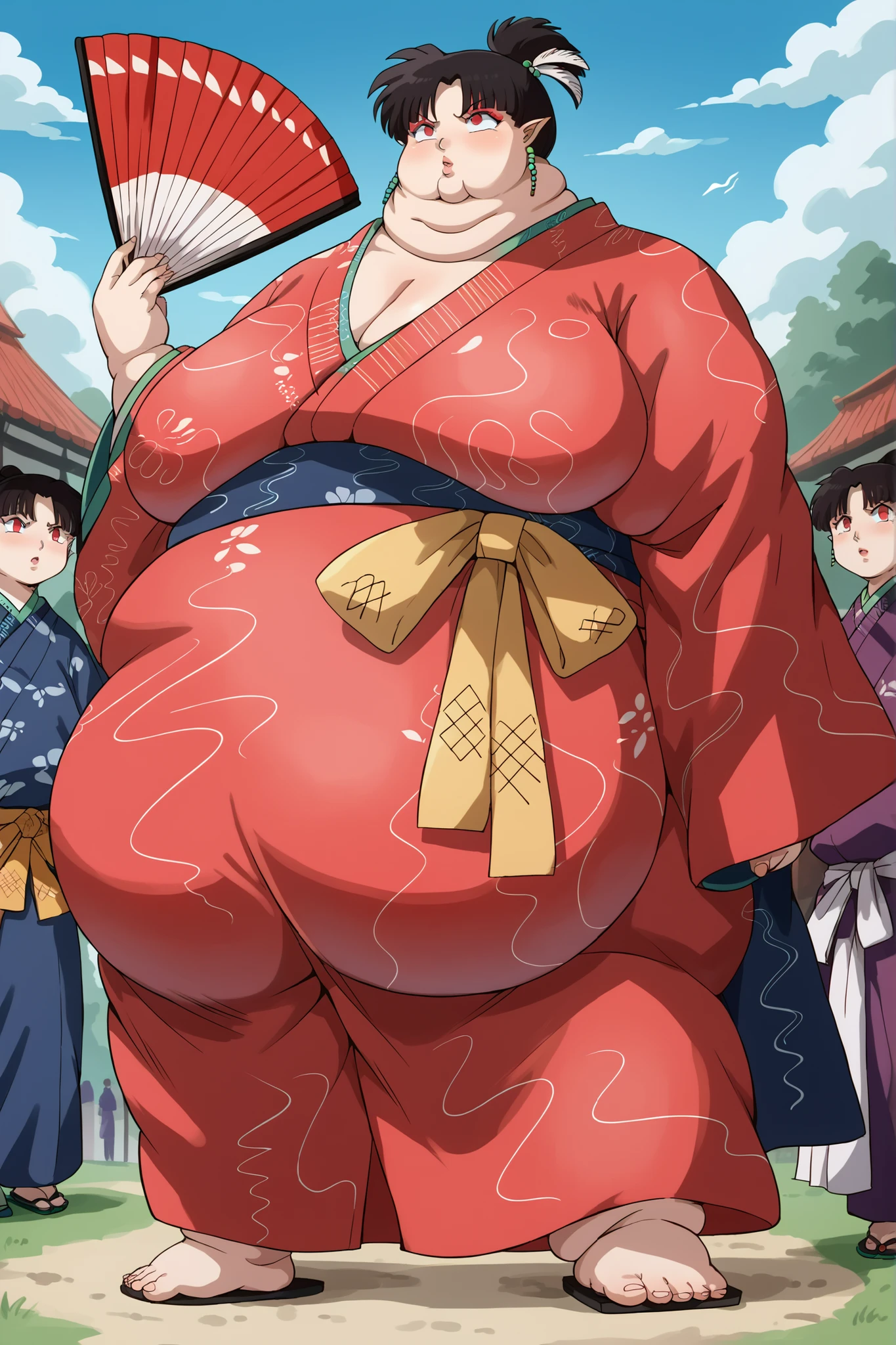 Fat_neck , Fat head , eyes with crushed cheeks , nose with crushed cheeks , mouth with crushed cheeks , chin roll , chubby, obesity, chubby, shortness of breath, Wide angle , Ultra-detailed illustration , masterpiece , top quality, fat, chubby, obese , score_9, score_8_up, score_7_up, source_anime,
inuyashakagura, 
kagura, black hair, hair ornament, red eyes, pointy ears, makeup, feathers, feather hair ornament, ponytail,
jewelry, earrings, japanese clothes, kimono, makeup, hand fan, folding fan, red kimono, holding fan, giant hands, giant feet, fat, chubby, obese, gigantic arms and legs, gigantic breasts, sagging breasts, full body shot, fat face, chubby face, double chins, big lips, 