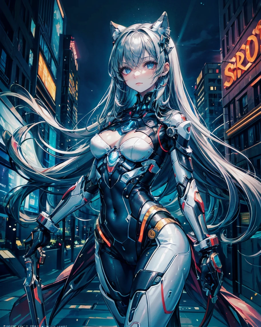 1mechanical girl, crying, ((ultra realistic details)), ((perfect body)), ((perfect hands)), ((sexy poture)), portrait, global illumination, shadows, silver, octane render, 8k, ultra sharp, metal, intricate, ornaments detailed, cold colors, egypician detail, white black body suit, (blue silve hair), (beauty princess: 1.2), highly intricate details, realistic light, trending on cgsociety, glowing eyes, facing camera, neon details, machanical limbs, blood vessels connected to tubes, mechanical vertebra attaching to back, mechanical cervial attaching to neck, standing,wires and cables connecting to head, ((city skyscraper :1.5))