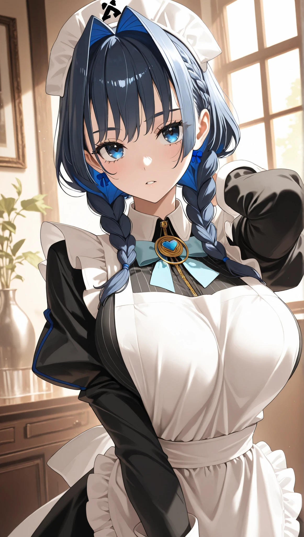 best quality,High Resolution, Masterpiece, HD, High Details, Super Detailed,
ouro_kronii ouro_kronii_(maid) commentary highres 1girl apron arm_up black_dress blue_eyes blue_hair braid _press cleaning dress eyelashes hat indoors large_ long_hair looking_up low_twin_braids maid maid_apron mob_cap muntins official_alternate_costume official_alternate_hairstyle parted_lips sidelighting solo twin_braids virtual_youtuber window