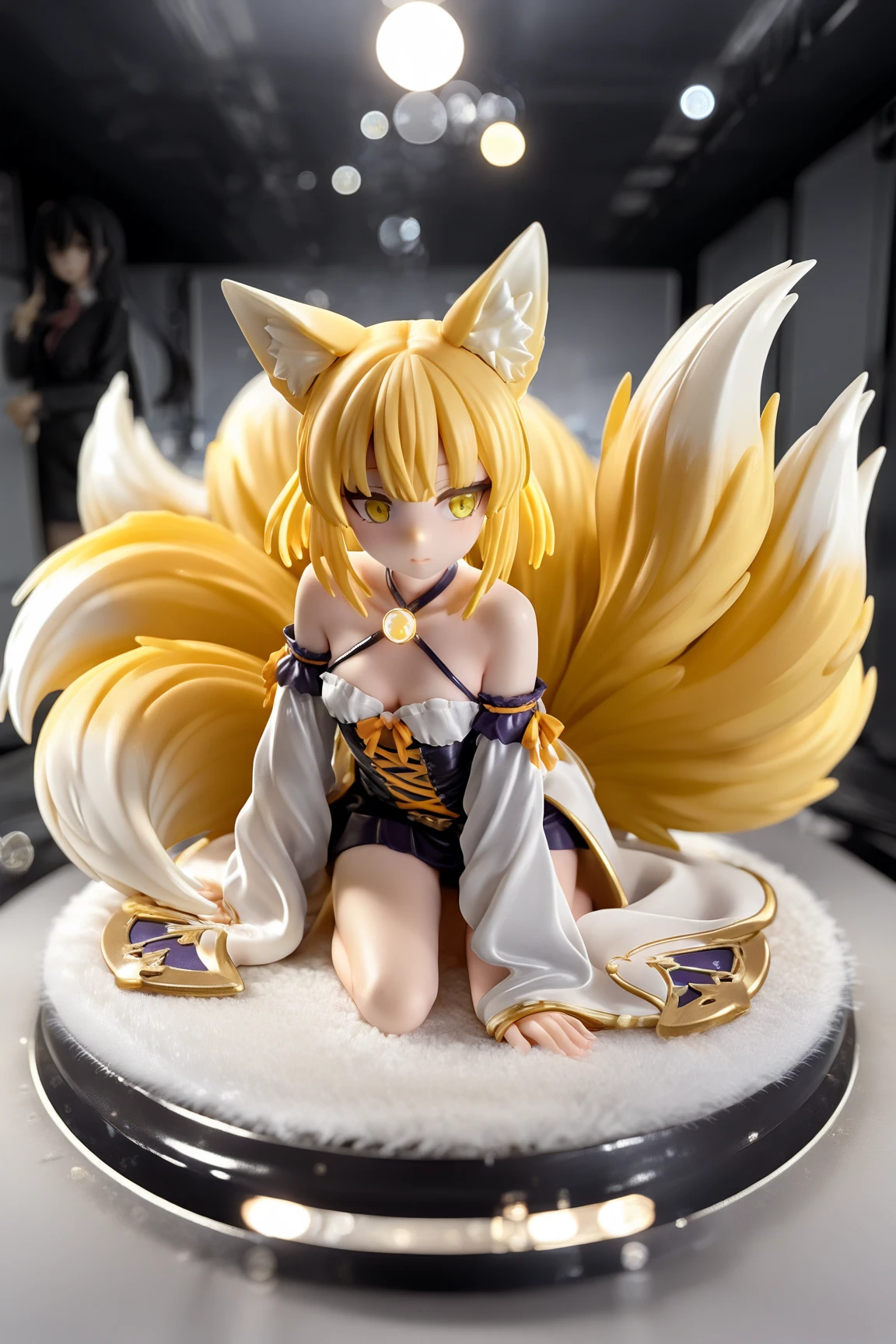 best qualityer, (Extremely detailed CG 8k unity wallpaper), (best qualityer), (best illustration), (best shade), drawing of a woman with a crown on her head wearing a yellow dress holding a red Japanese umbrella, Japanese anime style, fox and bush, silver-haired deity, white fox ears, Kitsune, Eyes red, breasts big, golden rope around the waist,