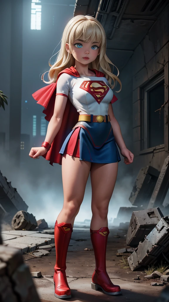 8K, Ultra HD, super details, high quality, high resolution. The heroine Supergirl looks beautiful in a full-length photo, her body is sculptural, her long wavy blonde hair is radiant in a perfect combination with her white skin, her bright blonde eyes mesmerize everyone. She is wearing her heroine outfit, a red skirt with a yellow belt, a very tight blue t-shirt with a big red S on the chest, Elta also wears a red cape and red boots. she looks very sexy drawing attention to her big breasts and thick legs as she flies through the sky.,(Fondo de ruinas de mazmorra en ruinas cyberpunk :1.4 ), (supergils superman :1.4), (vestuario white traje :1.4), (Detalles de la cara: 1.5, ojos azules brillantes, hermoso rostro, ojos bonitos, Contorno del iris, labios delgados: 1.5, Thin, sharp pale eyebrows, Long, dark eyelashes, double tabs),