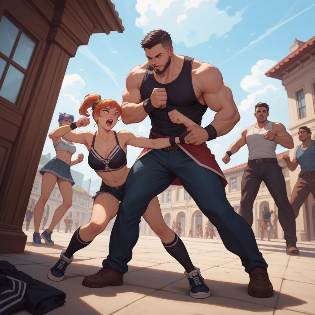 Female character, beautiful , dressed in a miniskirt and tank top, slim build with no curves of short stature, ahegao expression with satisfaction, being raped from behind by an adult man inserting his phallus into her female genitalia roughly and euphorically, in a forward-leaning posture, in a dungeon. Photorealistic illustration, full shot, third person view.