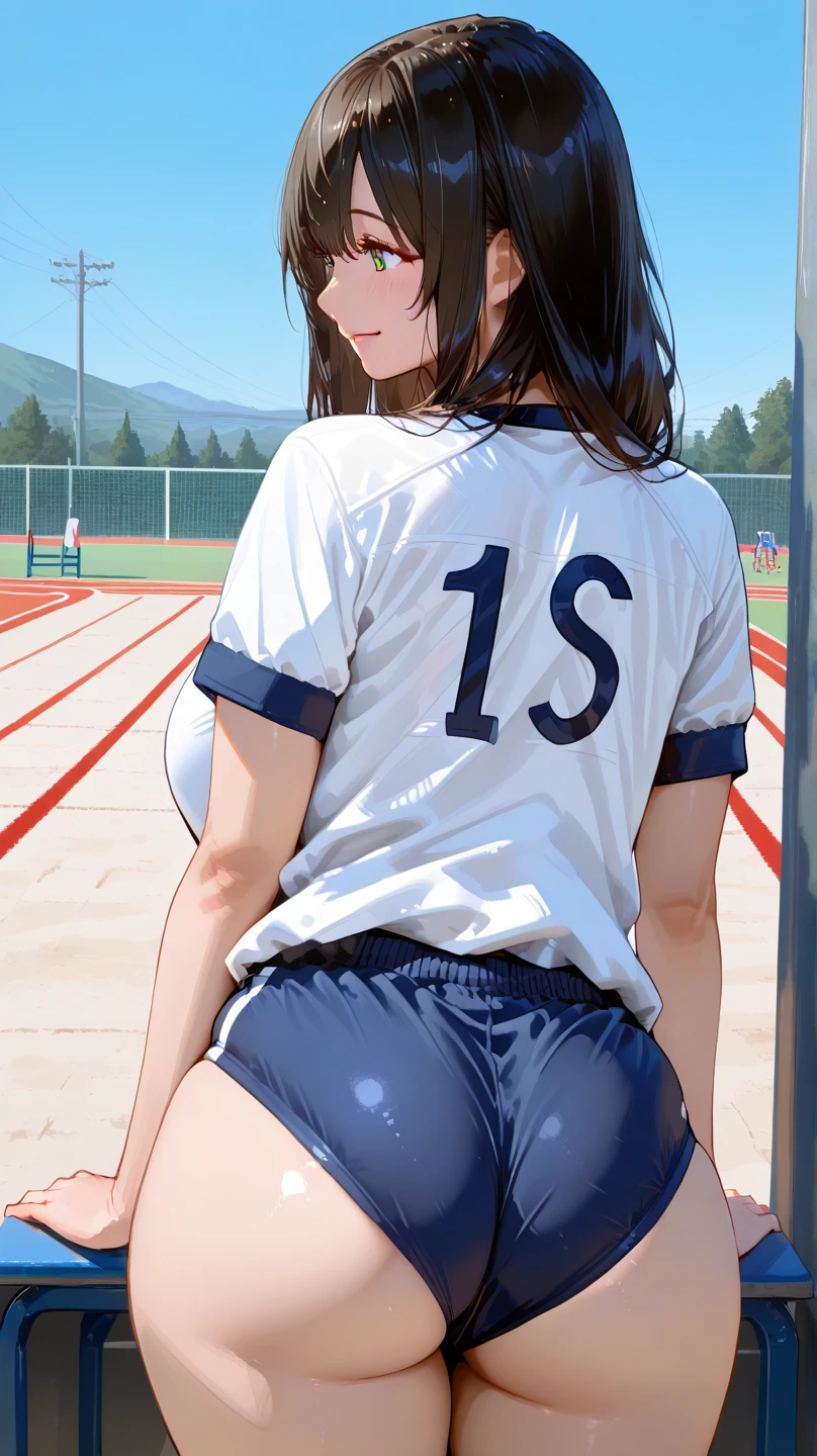 1 girl,alone,Youmu,white shirt,white socks, Gym suit,Dark blue bloomers, sports shoes, sitting, get your knees up,schoolyard,outdoor, blue sky,Sweat, front elevation
break
(masterpiece, highest quality,Super detailed,)