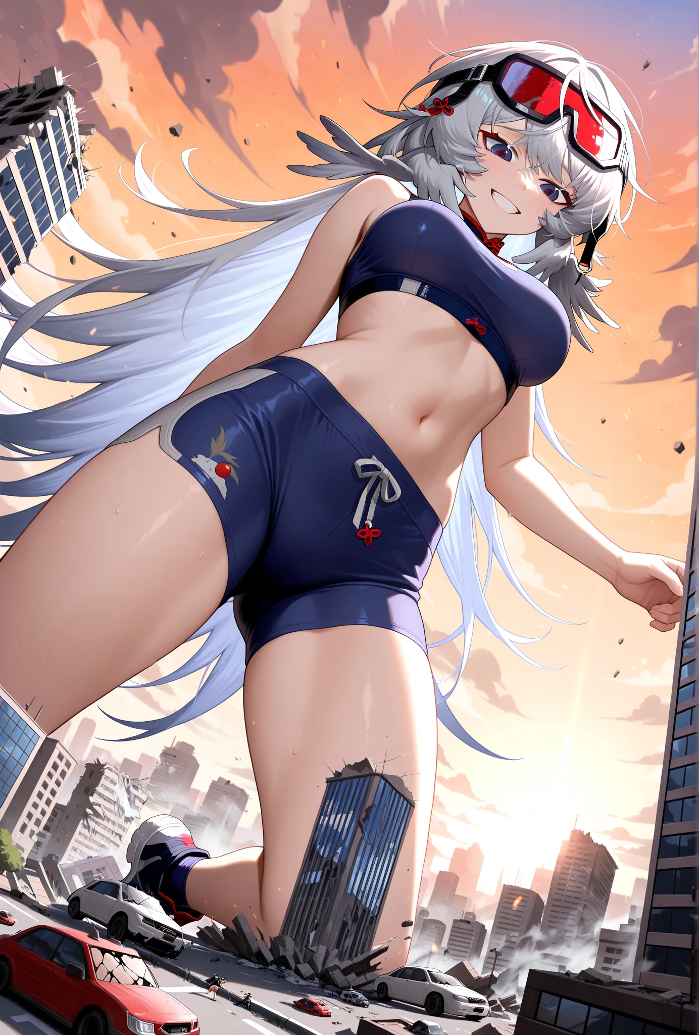 heroine winning a battle in combat, manga style woman, perfect manga, highly detailed, DRONE: full body view from head to toe, perfect body with medium sized rounded firm breasts, similar to Lucy heartphilia, super beautiful woman with practically symmetrical face , manga eyes: 3/4 size, eyes the color of her hair, she is 16 years old, her clothes are extremely short, tube top extremely short and torn and frayed, medium sized hair, wet silver hair with green tips, pose of victory and happiness, leap of joy, random drone angle.
