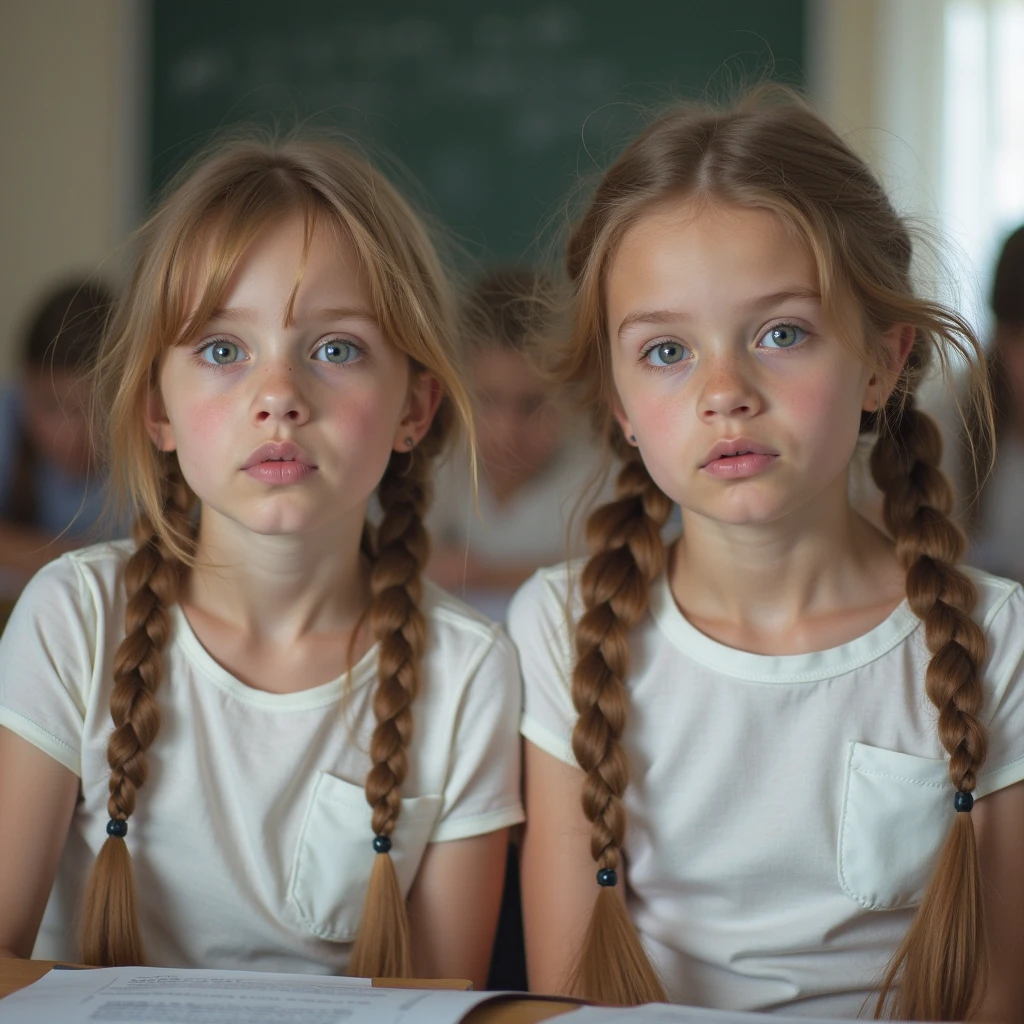 Three blonde girls children in braids holding torches in front of a blue background, 3 sisters look into the mirror, color studio portrait, meninas jovens, in a row, simetria!! retrato, childrens, profissionalmente retocado, beautiful highly symmetric faces, childrens, Directed by: Jan Rustem, pintado digitalmente, identical picture, symmetrical centered portrait, twins, photo illustration, Clones