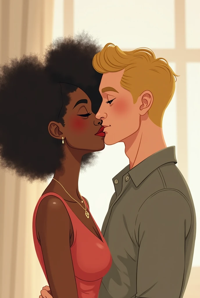 Create a frame with a romantic couple: a beautiful black woman with brown eyes and curly black hair. A white man with green eyes, has brown hair. Only the man has green eyes and the woman has black eyes and curly hair.. beautiful background, creative. A panel with the letters G and W.