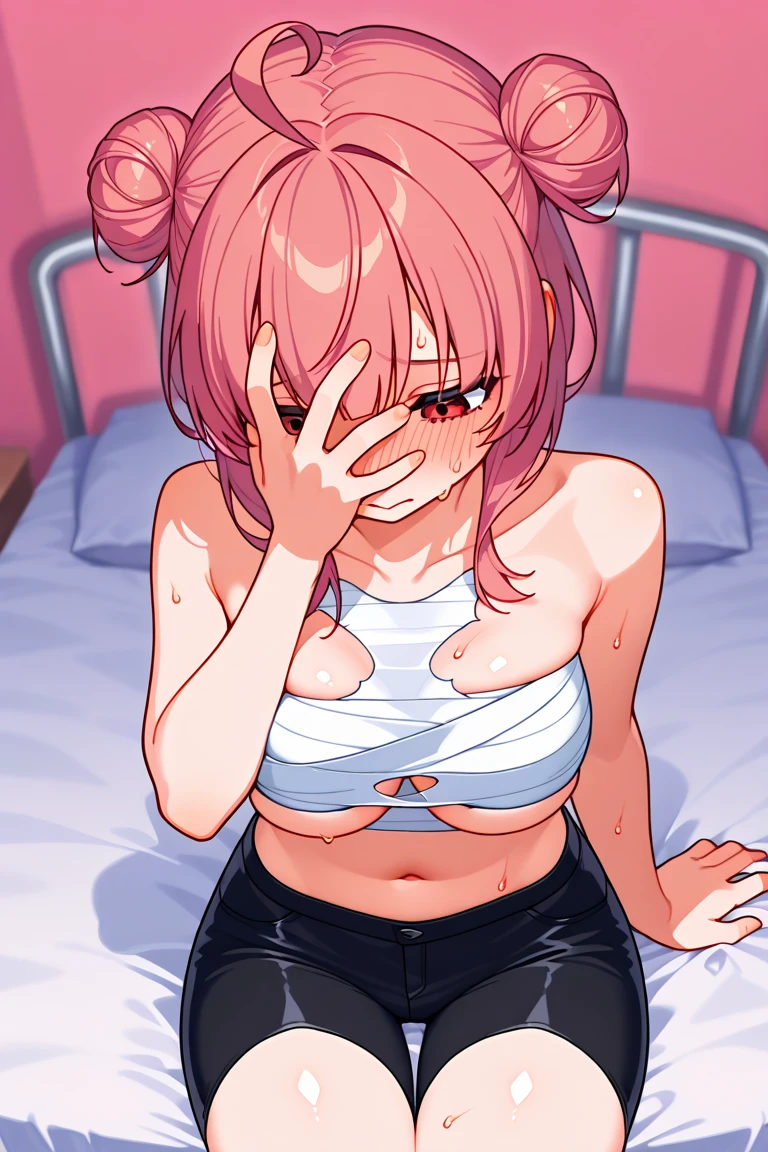 (8K、Best image quality、Highest quality、masterpiece)、(((nsfw, cum in mouth、((cOm On body, com on face, bukkake)), Very slim)))、Thin legs、Thin thighs、Detailed face、1 Girl、blonde、short hair、Grey Eyes、Glare、((Get angry、pain、tears、Close your lips、、Small breasts、((whiteshirt lift:1.2))、((Pink good))、((Denim shorts pull:1.3))、((Pink Panties))、SLPP、Cowboy Shot、Bedroom Background、((Browsing Caution))
