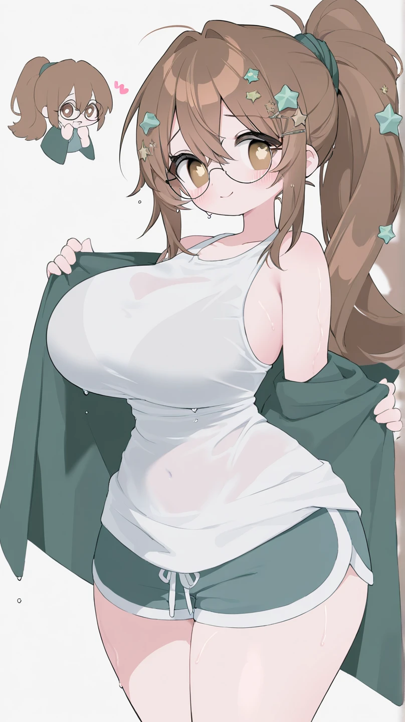 highest quality, Hi-Res Lucifer,Anime Screen Capture, SF、Three Women、realistic, masterpiece, highest quality, perfect anatomy,(Chubby)、 (fine eyes), (Female mechanic, huge breasts、), ((white bikini、Green Cargo Pants、Sweat、black baseball cap)),black gloves、Hand ○ Chest、 green eyes、braid hair、short hair、(brown hair),  ((blush))、(wide hips)、:d、((((embarrassing))))、((Dark concrete hangar))