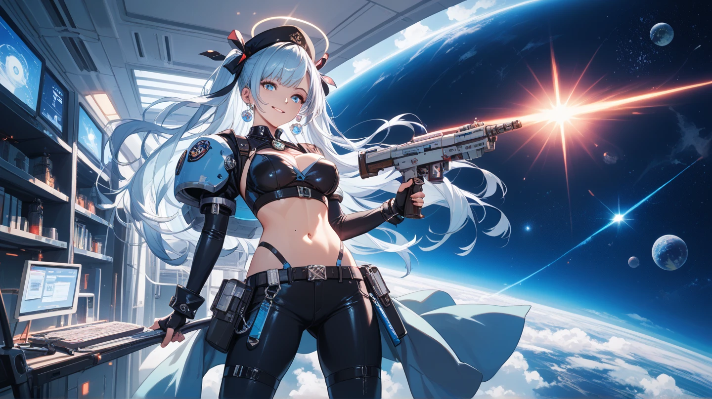 best_quality, masterpiece, (full_body:1.2), (large_breasts:1.2), very_long_hair, long_legs, black_thighhighs, perfect_anatomy, light blue_hair, microskirt, high heels, (missile cruiser:1.6), standing