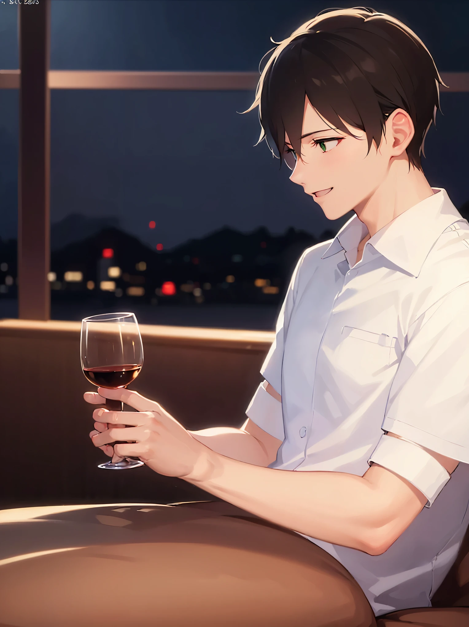 there is a man sitting at a table with a glass of wine, digital anime illustration, in the art style of bowater, beautiful alluring anime man, detailed portrait of anime man, stunning art style, beautiful anime man, detailed digital anime art, beautiful anime portrait, trending on artstration, beautiful anime art style, beautiful digital illustration, anime style illustration