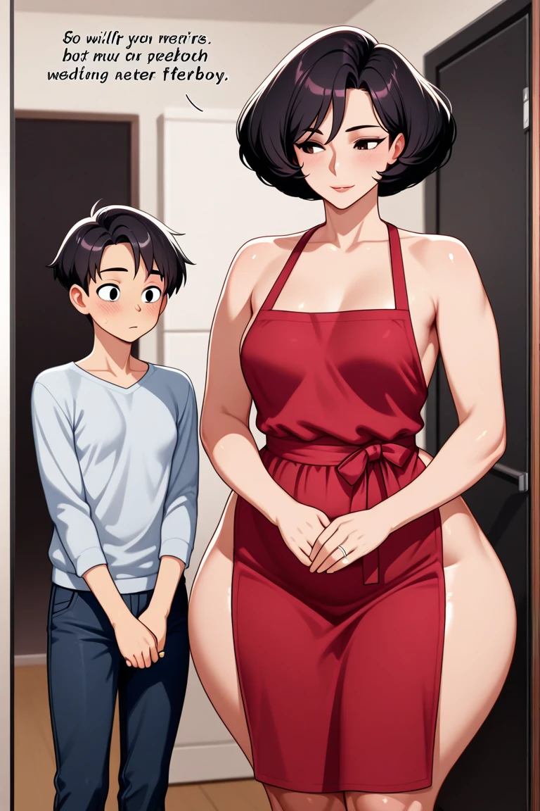 a woman in red dress holding her daughter's hand in a modern house