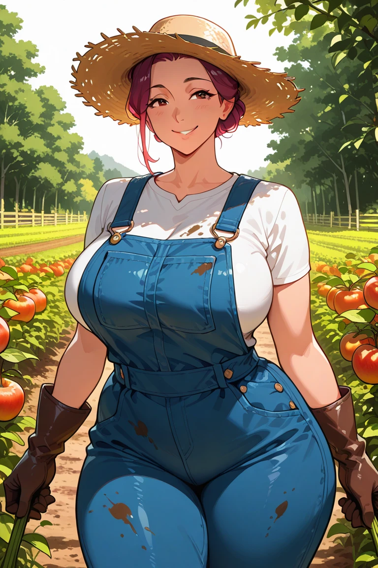 young redhead, busty, with huge tits, narrow waist, in suspenders, wearing tight shirt, shorts, in the garden, harvesting tomatoes, grinning, fat ass