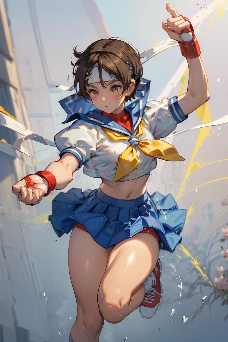 (masterpiece), (best quality), ultra high res, professional artwork, ultra detailed, intricate, detailed face, 1girl, kasugano sakura, brown eyes, brown hair, short hair, bangs, ahoge, headband, serafuku, puffy sleeves, crop top, yellow neckerchief, pleated skirt, fingerless gloves, thighs, white socks, BREAK red footwear, BREAK fighting stance, punching, (cowboy shot, far shot), BREAK (((looking at viewer))), ((smile)), BREAK cherry blossoms, falling petals, beautiful background
