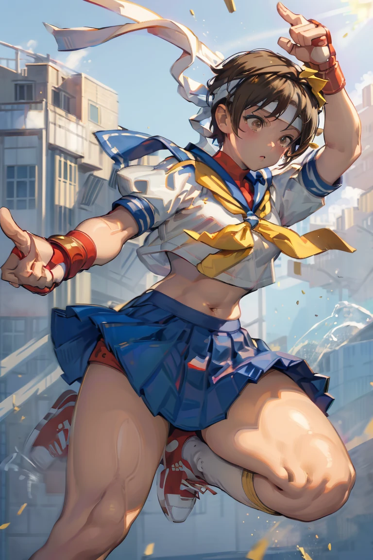 Sakura Kasugano bashful,white panties,shoot from below,Short black hair,ankle socks, blue skirt, crop top, headband, midriff, miniskirt, navel, sailor collar, , shoes, short sleeves, skirt, sneakers, socks, stomach, shirt, white shirt, white headband, gloves, red gloves,school sky,