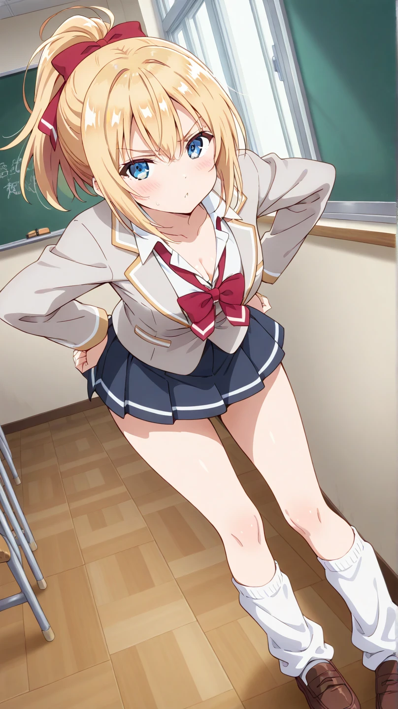 G-Cup　　masterpiece　highest quality　High resolution　Blonde　uniform　student　Skirt lifted　Show your pants　cute　Momoi Saiba　smile　A slightly open mouth　Light in your eyes　Eye highlights