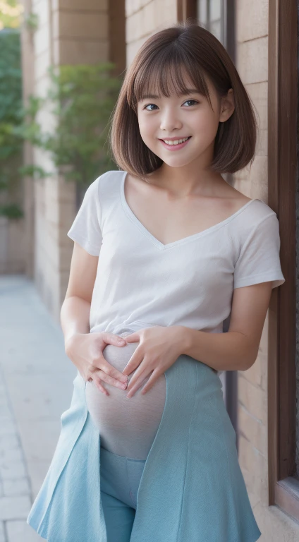 (masterpiece, best quality:1.2, perfect hands, parfect fingers, parfect face, high resolution, high detail, 16k), 1 girl, solo, (((junior, teen, teen age, junior student, little age, young, young age, 10 years old, baby face, cute))), japanese girl,very short hair, naked apron, ((gigantic breast, pregnant)), smile, cowboy shot,