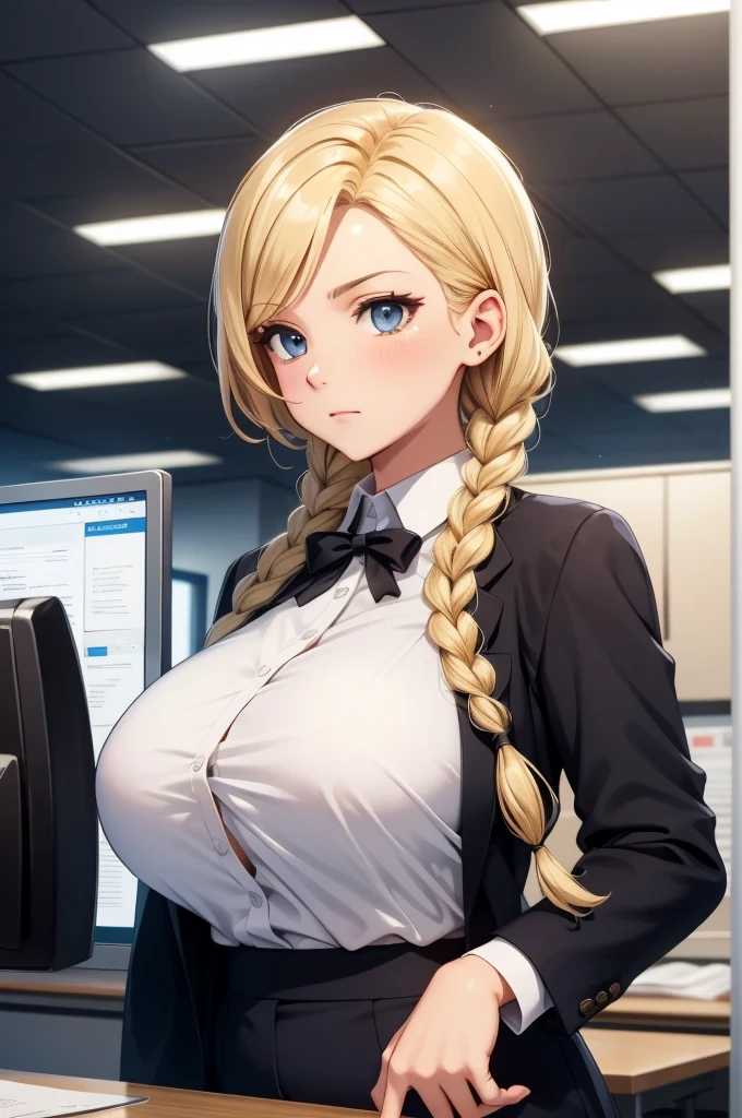 (sitting at office chair), (writing on book), sarielx, god rays, (white office shirt), (red bowtie), black short pants, (office room background), anime cels style, best quality, high resolution, 1girl, (huge breasts:1.2), beautiful face, cowboy shot, heterochromia, braided ponytail, braided bangs, smiling, looking at viewer, (semi rimless eyewear)