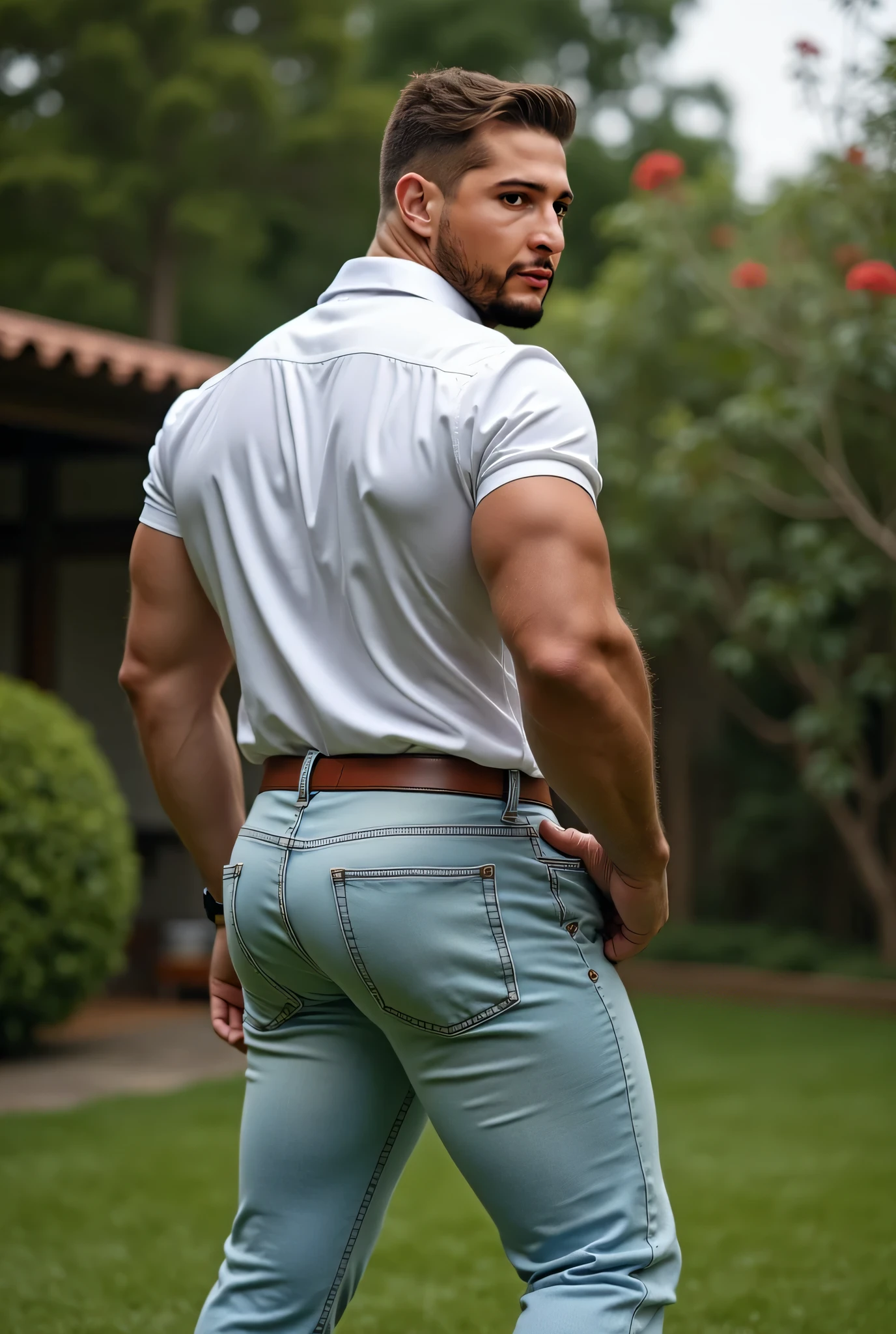photo, handsome man felipe vi, daddy, shirtless, blue jeans, boots, ranch, farm, photoshoot, muscular, veins, realism, natural lighting epiCPhoto, big muscular body backside bent over