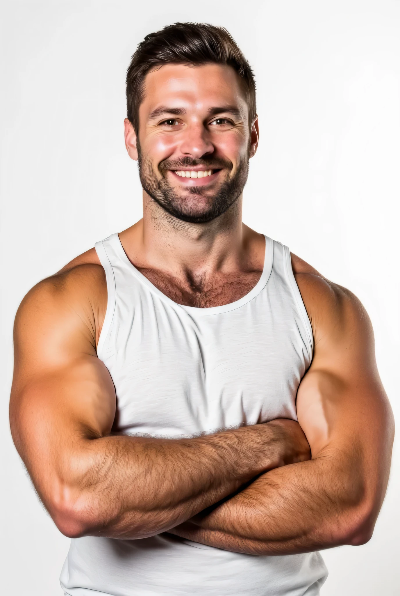 Brazilian man with a beard, hairy, strong, muscular, smiling, posing for a photo wearing white underwear with a large elastic band and the words “Somellos” written in large letters on the elastic band of the underwear, with another white hand writing anything.