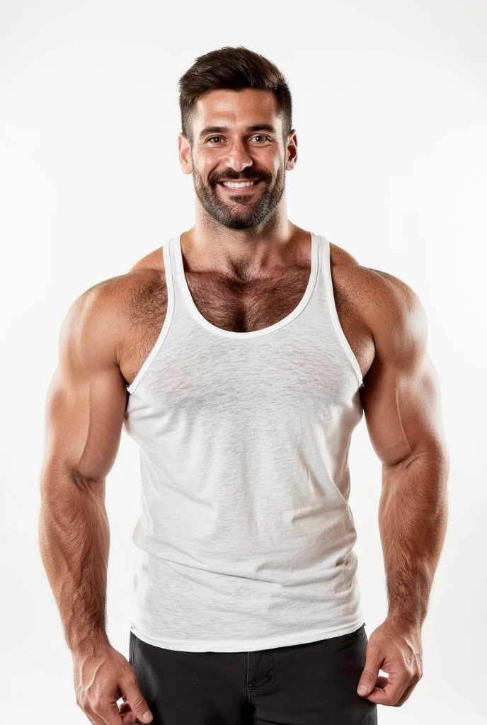 Award-winning original photoen, 30 years old man and wild muscular man, 40 years old, short beards, burly, hunk, (((shirtless))), smilling happil, detailed, lovely, ((full body)), (((White jeans)))