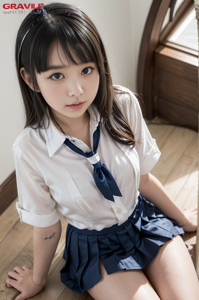 (Have vaginal sex, Insert a into your:1.2),sad Facial expression、15yo student,Tight eyes、Neat face,  a baby face, Open your legs, Schoolgirl Uniform,Grey pleated skirt、 Short bob hair, (Best Quality, 8K, masutepiece :1.3),  emotional, (gleaming skin, Shiny hair:1.4), Indoors, NSFW, masutepiece, Best Quality, (Ultra-detailed),‎Classroom、A hand presses my shoulder、My foot is grabbed by a hand