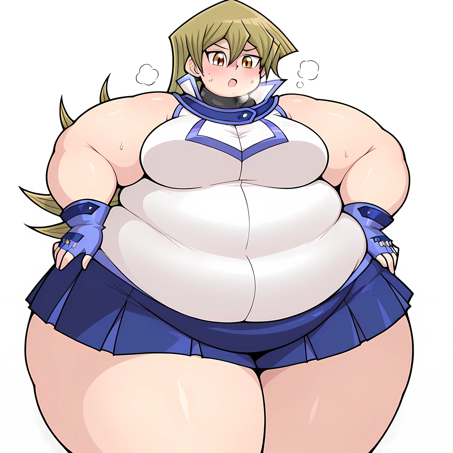 ((1 male)) Solo ,Neuvillette as a Sumo Wrestler , long hair Multicolored hair, White and blue hair, hair Styled in bun,Pointed ears, Morbidly Obese!!!, Background:Arena:1.5, ((Wide Hips)), Thick thighs, ((fat butt )), huge belly!!, ((Frowning ))