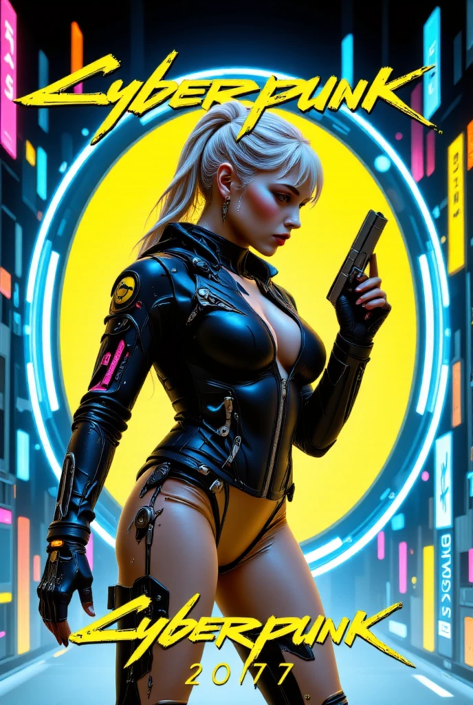 Madonna pulp poster of a bionic bombshell, a cyberpunk pin up girl with a metallic robotic body, holding a big gun, cabelos escuros longo, detailed features, quantum wavetracing, cinematic composition by hajime Sorayama