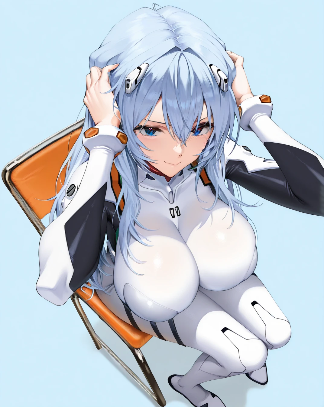 One girl, Ayanami Rei, smile, pregnant, Red eyes, Long Hair, white plugsuit, hands behind the head, Big Tits, Hair between the eyes, by the water, View your viewers, Blue Hair, bangs, from front, high quality