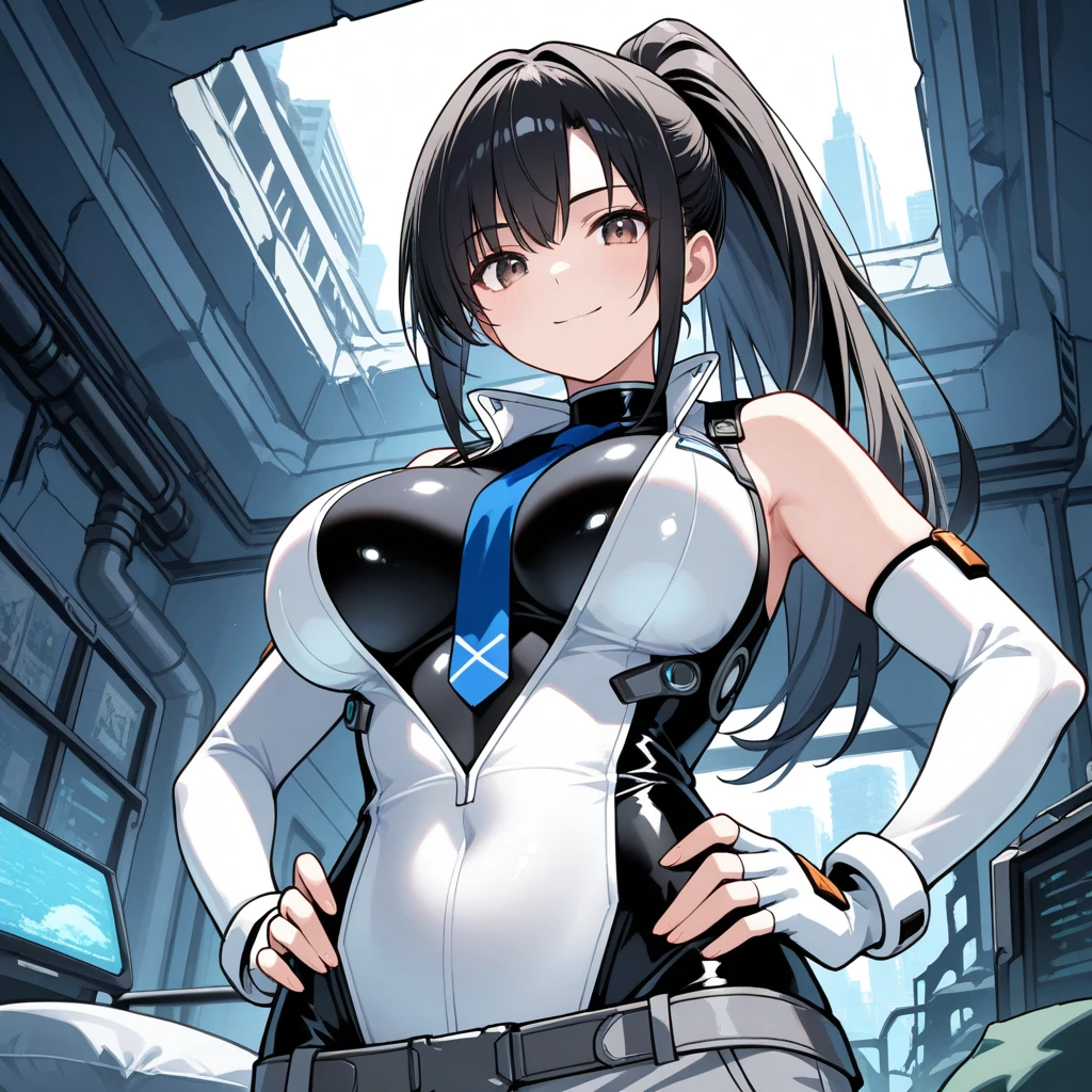 Raven: black hair, bangs, long hair, blue eyes, black , bi-color , grey pants, clavicle, slit opening, gloves, wristbands, , side view.
[BREAK]
Eve: black hair, brown eyes, long ponytail, tie, green and white , sleeveless, fingerless gloves, white gloves, , looking at the viewer, gently smiling, cityscapes, ruins, upper body, portrait, hands on , from below, shiny clothes.
[BREAK]
two women having a pillow fight in a sci-fi futuristic white spacious room, masterpiece, best quality.
