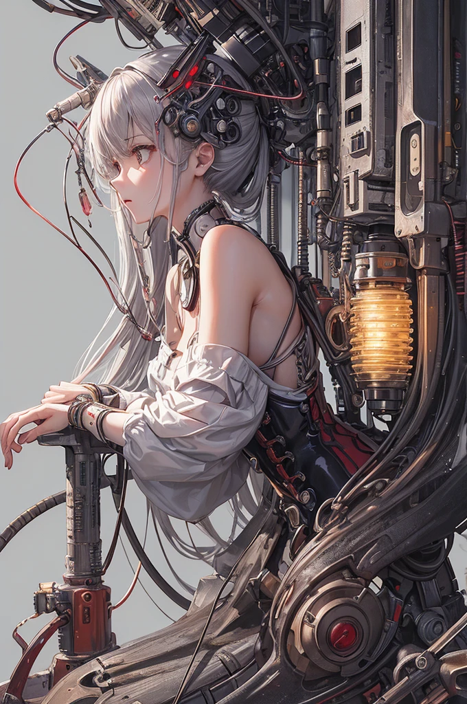 (((Masterpiece)))), (((highest quality)))), ((Ultra Definition)), (Very Fine Photoreality), ((Very Delicate and Beautiful)), (Delicate and Pretty Face), Cinematic Light, (((Machine Girl 1)), Solo, Full Body, Big, Cleavage Is Visible Skin, (Mechanical Joints: 1.4), (Mechanical Limbs)), (Blood vessels connected to tubes), (( Mechanical vertebrae attached to the back)), ((Mechanical cervical vertebrae) attached to the neck)), (((sitting)), Expressionless, (wires and cables attached to the head and body: 1.5), (Character Focus), Small LED lamp SF, detailed neon
