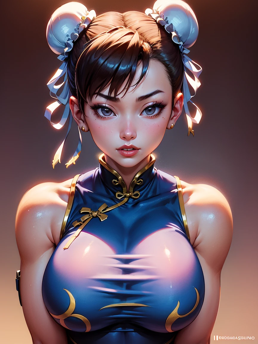 Chun-Li from Street Fight II,perfect chun li costume,blue cheongsam with gold lines,Bun head,Good cover,fighting pose,masterpiece、1 beautiful girl、fine eyes、puffy eyes、highest quality, 超High resolution, (reality: 1.4), movie lighting、Japanese、asian beauty、Korean、super beautiful、beautiful skin、body facing forward、close up of face、(超reality的な)、(High resolution)、(8k)、(very detailed)、(美しくfine eyes)、(Super detailed)、 (wall-)、detailed face、bright lighting、professional lighting、looking at the viewer、look straight ahead、slanted bangs、Nogizaka Idol、korean idol、masterpiece, highest quality, masterpiece, highest quality, perfect face, perfect brown eyes with white sclera, bad move-5, alone, 1 girl, Upper body, brown hair, From SF2, Chinese service, smile, muscular woman, blue clothes, pantyhose, pelvic curtain, Puffy short sleeves, Good cover, sash, evaluation:safety