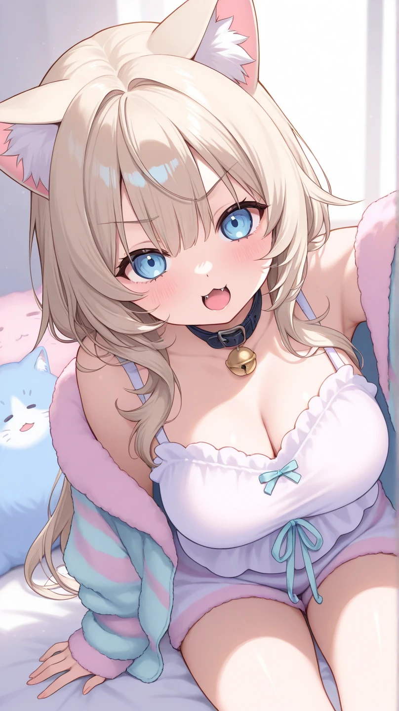 One girl、A little sexy、Blonde、Red sparkling eyes、detailed cute eyes,(glowing eyes:1.4),open mouth,((Droopy eyes))、Mole at the mouth Medium Curl Hair、Dog ears、Lying down、Golden Room、pearls choker,sensual pose,