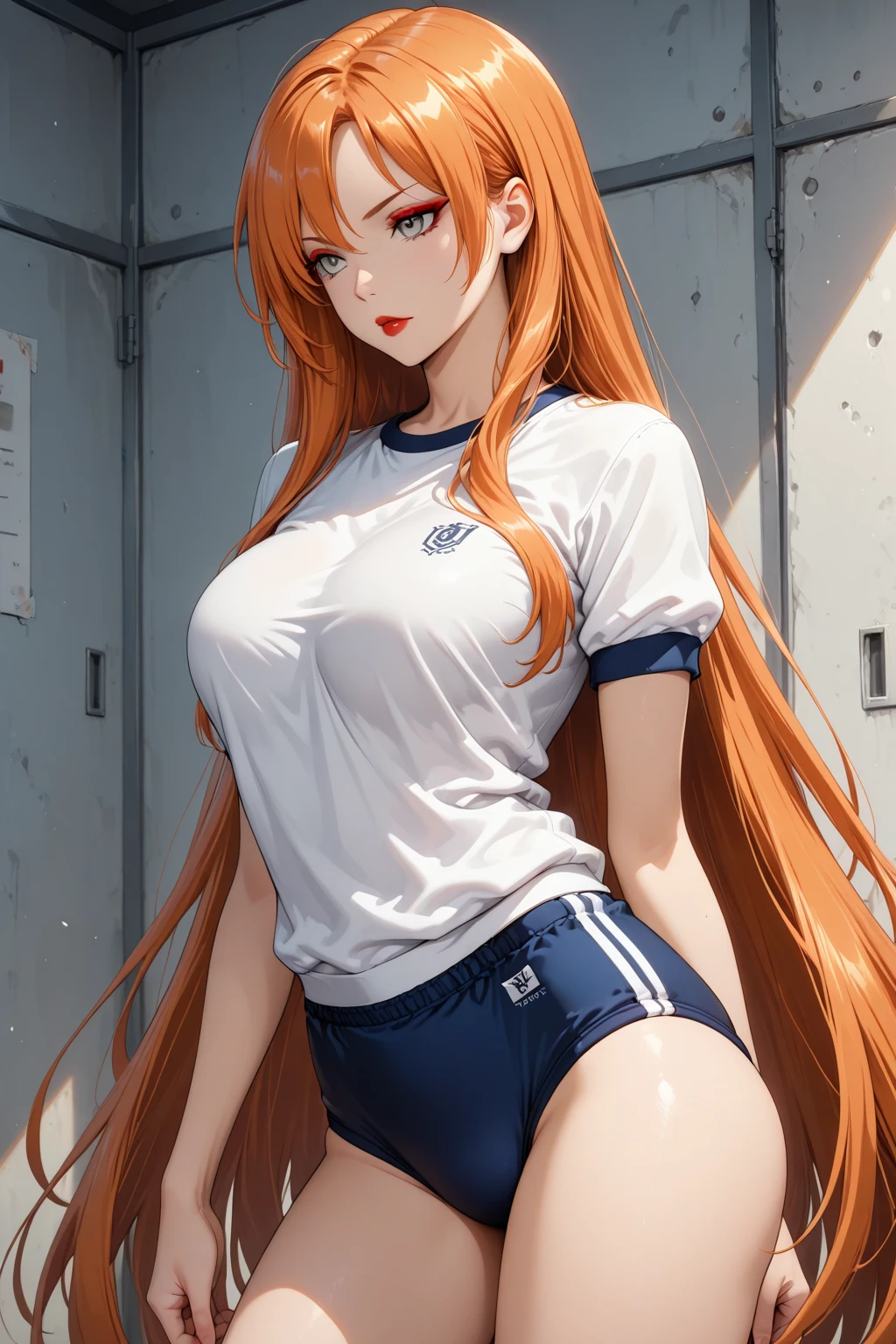 top-quality、Full limbs、complete fingers、1girl in、((one beautiful women、独奏))、Beautiful Large Breasts、Long Hair、straight haired、orange color hair、(White gym uniform that covers the upper body)、((orange high leg spats))、schools、School Grounds、school buildings、sports ground、Naughty Poses、A big smile