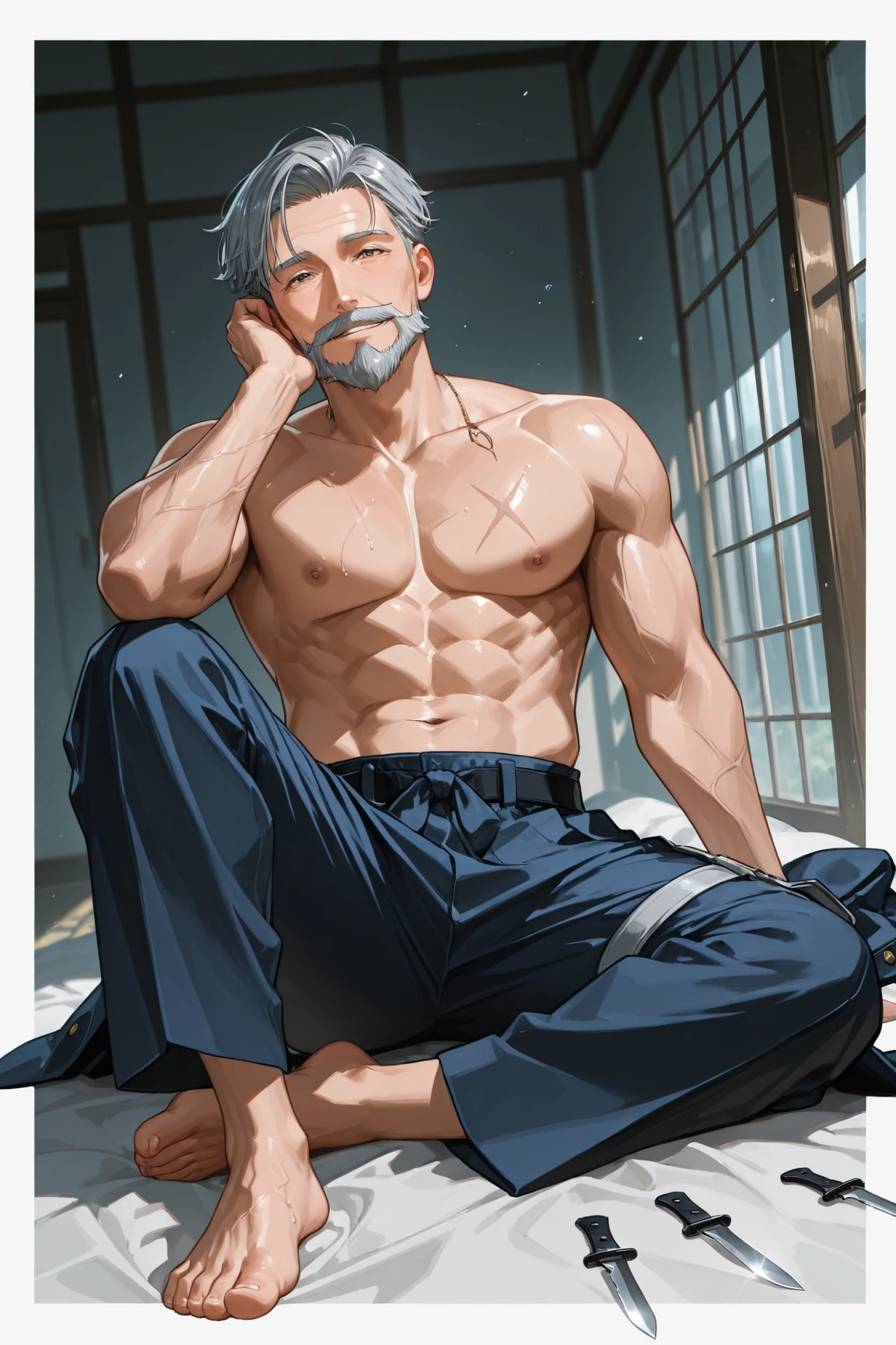 masterpiece, best quality, very aesthetic, absurdres, 1boys, old man, solo, silver hair, short hair, slicked back hair, closed eyes, beared, white beared, smile, open mouth, upper teeth, topless, brawny, red fundoshi, cross arms, scar, face scar, looking at viewer, cowboy shot