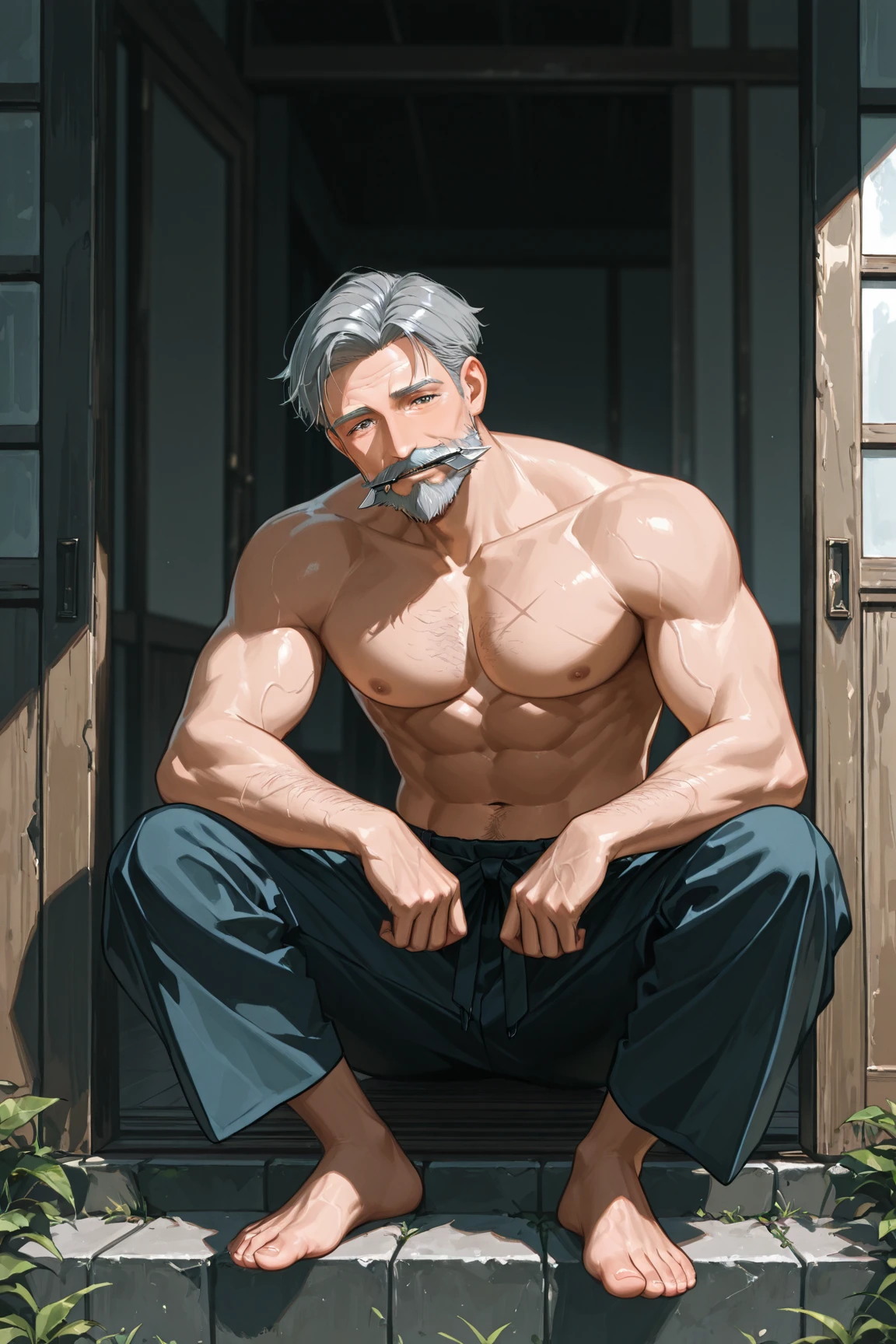 masterpiece, best quality, very aesthetic, absurdres, 1boys, old man, solo, silver hair, short hair, slicked back hair, closed eyes, beared, white beared, smile, open mouth, upper teeth, topless, brawny, fundoshi, cross arms, scar, looking at viewer, cowbly shot