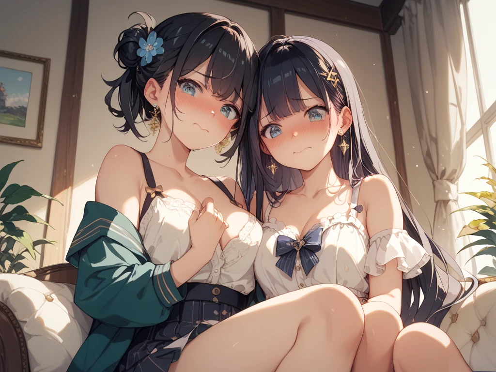 ((masterpiece, best quality, ultra quality, high quality, hyper detailed, intricate detailed, perfect anatomy, shiny skin)), ((upper body:1.2)), (three women are posing for a camera:1.4), (indoors, bed, pillow:1.2), (Lift up your camisole), (full nude:1.4), (smile, shy, red cheek, blush:1.2), (Open your mouth:1.6), (Stand in line) , brown hair, blond hair, navel, jewelry, looking at viewer, necklace, long hair, short hair, Abdominal muscles, straight hair, bob cut, blunt bangs, silky hair, hair clip, hair band, hair ribbon, one-length haircut, ducktail, outward curled hair, French twist hair, twintails, side ponytail, single braid, wavy hair,