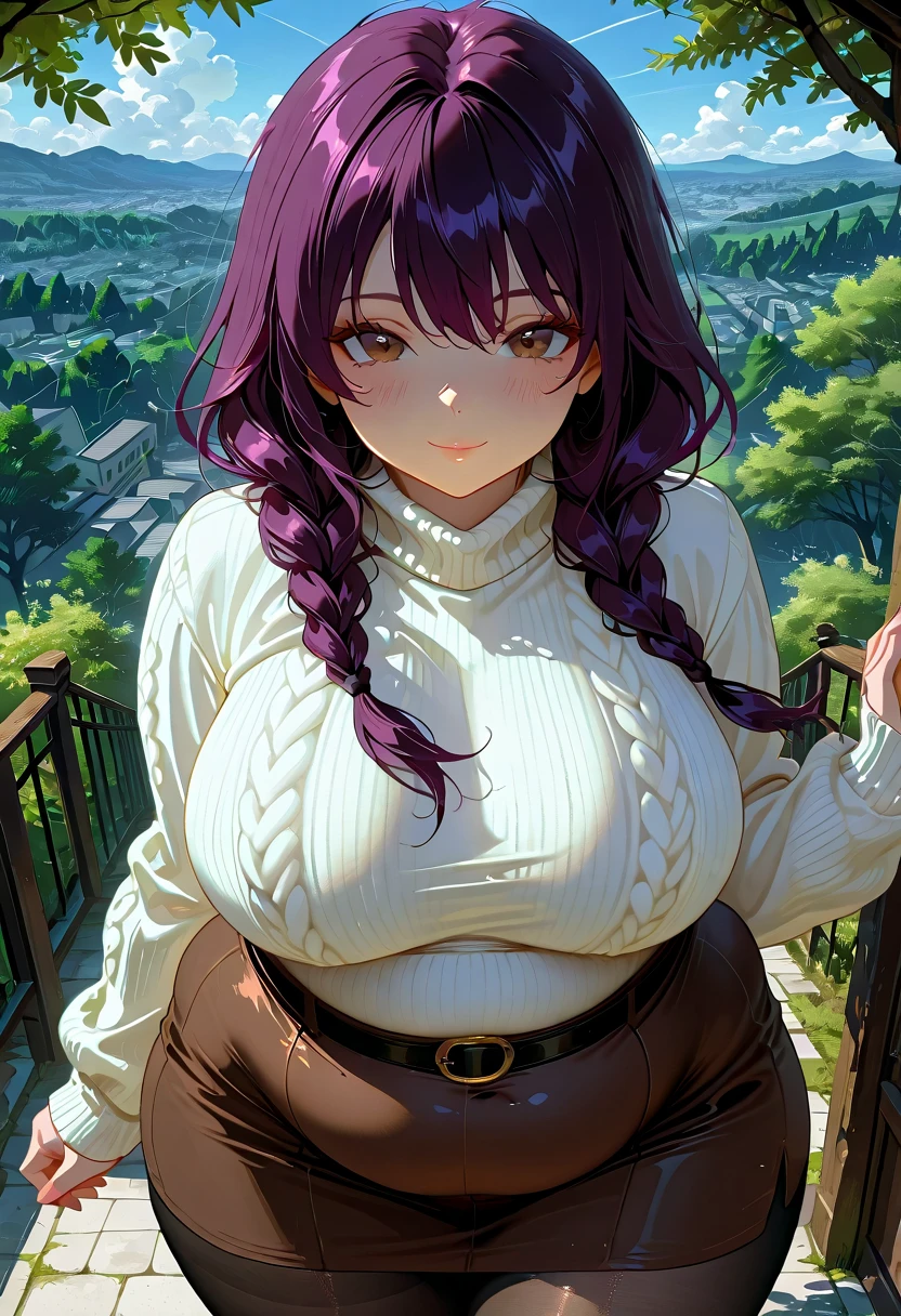 masterpiece, best quality, high resolution, source_anime, highly detailed illustration, detailed eyes, very aesthetic, absurdres, newest, amazing quality, anime screencap, anime coloring, 1girl, solo, low twin braids, long braids, purple hair, brown eyes, plump, chubby body, thick arms, thick thighs, fat rolls, fat, small breasts, huge breasts, (huge belly), knitted sweater, sweater, long sleeves, cable knit, white sweater, sleeves past wrists, brown skirt, lace trim, belts, (look at viewer), pantyline, pantyhose, see, Shiny Pantyhose, fine fabric, betterpantyhose, nude under pantyhose, see-trough pantyhose, hairy pussy, fine fabric, betterpantyhose, (perspective:1.3), (vanishing point:1.3), (exquisite composition:1.4), (sexual posing, seductive posing,dynamic pose,scornful face), (dynamic pose, eyes focus, extreme close-up, from above), ((4k,8k,Ultra HD)),((Masterpiece :1.2)),((Best quality :1.2)),((Detailed :1.5)),((Detailed background :1.5)), (outdoor,sky,trees,shade,wind),