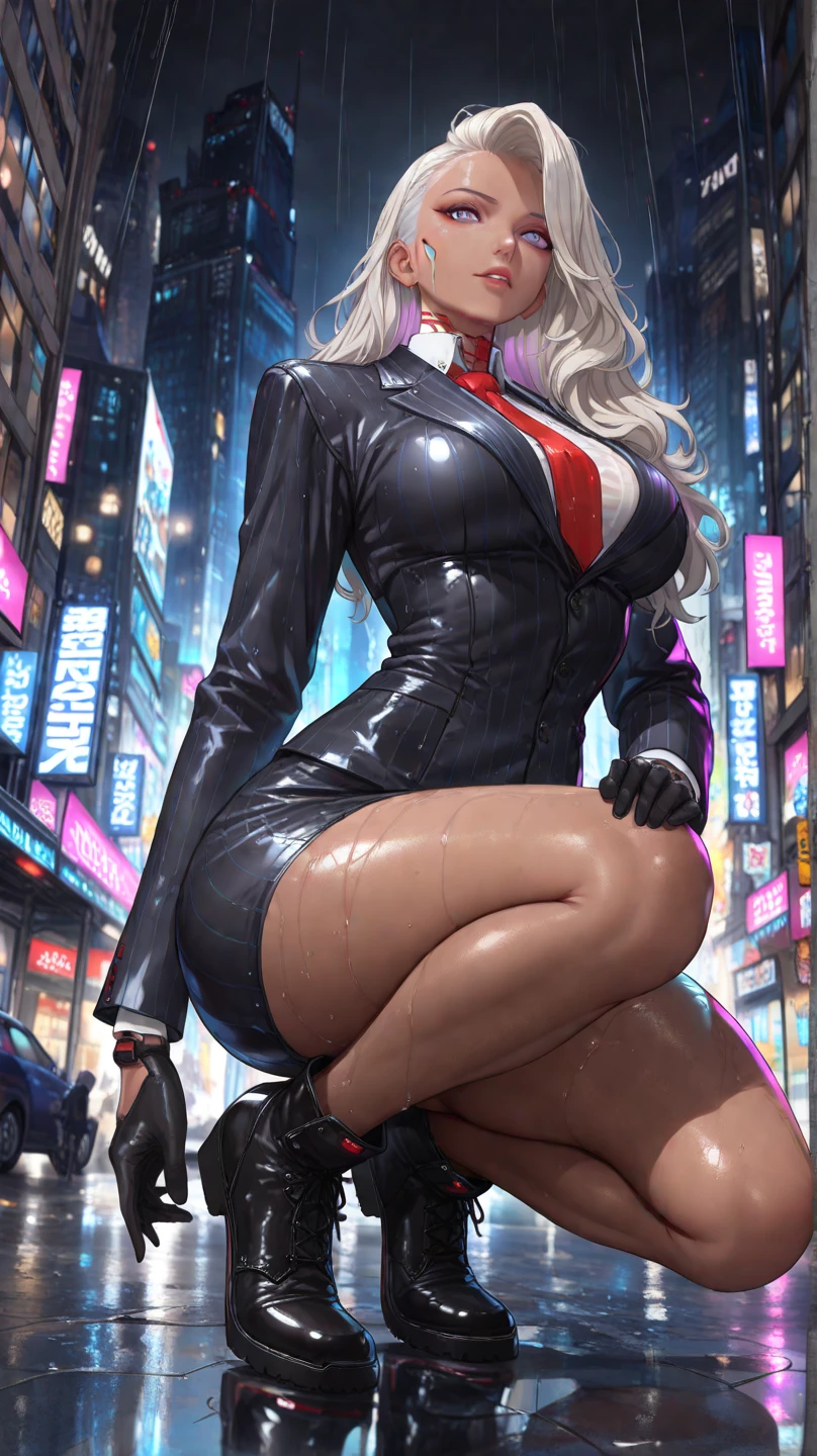 Girl,smile,red lips,big nose,big tits,sexy body,long hair,beautiful girl,sexy pose,black lingerie clothes,realistic,white hair color,