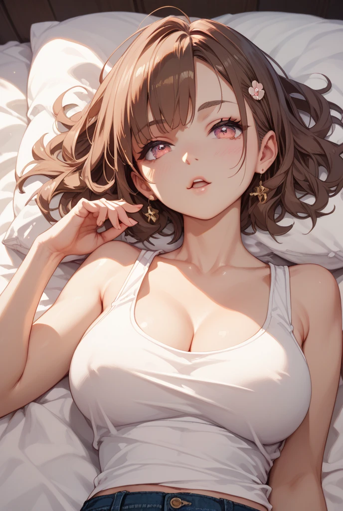 ((best quality,ultra-detailed,realistic)),HDR,UHD,studio lighting,1girl,professional,vivid colors,bokeh,portrait,brown short hair,((short hair)), ((cabelo curto)), light purple short hair,beautiful detailed peach eyes, ((peach eyes)), very long hair,pale skin,curvaceous,concrete,shadow,dark atmosphere,pretty, delicate features, long lashes, big lips, beautiful, long lashes, big lips, beautiful, ((pink peach eyes)), ((cool background)), ((light brown hair)), ((close up face)), moderate breast, sitting on bed, wearing beautiful white sleepwear, illustration,detailed textures(realists),ultra-detailed,portrait style,vivid colors,soft lighting, blushing, mature, ((face close up)), ((looking up)), ((looking at the camera))
