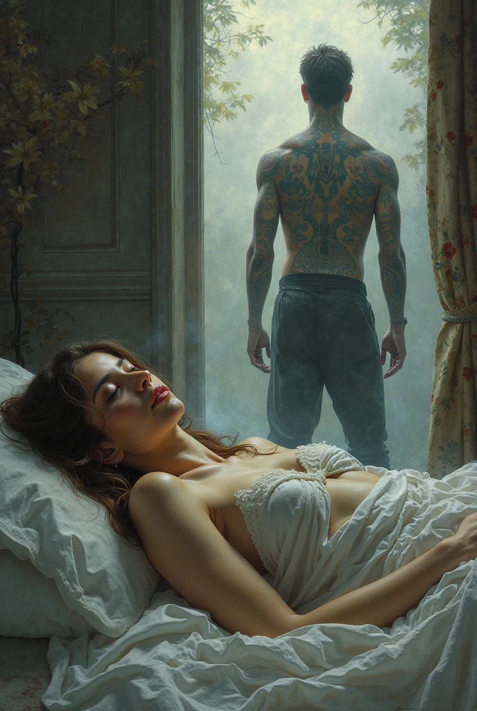 A thin man lies on his back with a book covering his face. His platinum hair cascades down to his hips. The lighting is dim and the color scheme is muted, with a focus on blues and grays. The image is peaceful and serene, with a sense of calm and relaxation.