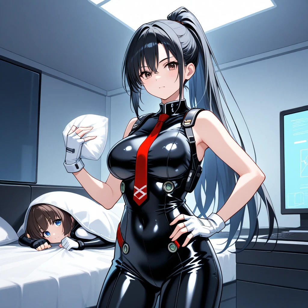 Raven: black hair, bangs, long hair, blue eyes, black , bi-color , grey pants, clavicle, slit opening, gloves, wristbands, , 
[BREAK]
Eve: black hair, brown eyes, long ponytail, tie, green and white , sleeveless, fingerless gloves, white gloves, ,  hands on , 
[BREAK]
two women having a pillow fight in a sci-fi futuristic white spacious room, masterpiece, best quality.油光 shiny clothes.
